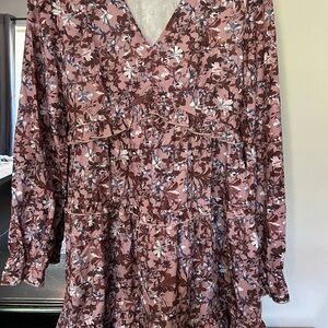 Cupshe Pink and Brown Long Sleeve Sundress with Bishop Sleeves